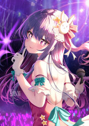 Rule 34 | 1girl, :p, audience, backless dress, backless outfit, bare shoulders, closed mouth, commentary, detached sleeves, dress, gloves, glowstick, hair between eyes, hair ornament, highres, holding, holding microphone, hoshino ai (oshi no ko), idol, idol clothes, long hair, looking at viewer, looking to the side, microphone, oshi no ko, pink dress, puffy short sleeves, puffy sleeves, purple eyes, purple hair, rabbit hair ornament, short sleeves, smile, solo, star (symbol), star hair ornament, symbol-shaped pupils, tongue, tongue out, very long hair, white gloves, white sleeves, xephonia