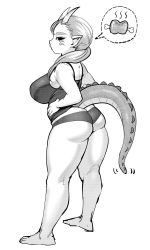 Rule 34 | 1girl, ass, back, belly, boned meat, breasts, butt crack, cleavage, dragon girl, dragon horns, dragon tail, elf-san wa yaserarenai., food, gonda (elf-san wa yaserarenai.), greyscale, hands on own hips, highres, horns, large breasts, long hair, meat, monochrome, plump, pointy ears, ponytail, simple background, solo, synecdoche, tail, thick eyebrows, thick thighs, thighs, white background