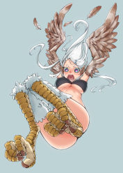 Rule 34 | + +, 1girl, ass, bad id, bad pixiv id, blush, breasts, censored, convenient censoring, covered erect nipples, feathered wings, feathers, full body, green eyes, hair ornament, hairclip, harpy, large breasts, long hair, monster girl, nucomas, open mouth, original, silver hair, simple background, solo, symbol-shaped pupils, talons, underboob, winged arms, wings