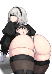 Rule 34 | 1girl, absurdres, ass, back, back cutout, bent over, black blindfold, blind, blindfold, boots, cameltoe, clothing cutout, cowboy shot, elbow gloves, feather-trimmed sleeves, female focus, from behind, gloves, hairband, highres, huge ass, juliet sleeves, long sleeves, looking back, nier (series), nier:automata, peachmuscle, puffy sleeves, simple background, solo, thick thighs, thigh boots, thighhighs, thighhighs under boots, thighs, white background, white hair, wide hips, 2b (nier:automata)