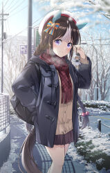 Rule 34 | 1girl, animal ears, bare tree, beret, black jacket, blush, brown hair, brown skirt, cardigan, closed mouth, day, feet out of frame, fringe trim, hat, highres, hokko tarumae (umamusume), horse ears, horse girl, horse tail, jacket, long hair, long sleeves, looking at viewer, murasaki himuro, open clothes, open jacket, outdoors, pleated skirt, power lines, purple eyes, red scarf, scarf, skirt, smile, snow, solo, tail, tree, umamusume, utility pole, white hair, white hat, yellow cardigan