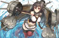 Rule 34 | 1girl, absurdres, akizone, bare shoulders, black hair, black thighhighs, blush, boots, breasts, brown hair, cannon, cleavage, closed mouth, elbow gloves, fingerless gloves, gloves, hair between eyes, hair ornament, hairband, headgear, highres, huge filesize, kantai collection, large breasts, long hair, looking at viewer, midriff, miniskirt, nagato (kancolle), navel, red eyes, red footwear, red thighhighs, skirt, solo, standing, standing on one leg, thigh boots, thighhighs, turret, water