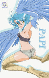 Rule 34 | 1girl, absurdres, arm up, armpits, artist logo, artist name, bare shoulders, blue hair, bluethebone, character name, commentary, english commentary, grey shorts, hair between eyes, harpy, highres, kneeling, looking at viewer, micro shorts, midriff, monster girl, monster musume no iru nichijou, open mouth, papi (monster musume), retro artstyle, shorts, solo, strapless, tube top, winged arms, wings, yellow eyes