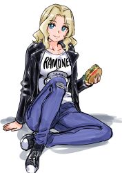 Rule 34 | 1girl, absurdres, arm support, blonde hair, blue eyes, burger, denim, food, girls und panzer, highres, holding, holding food, jacket, kay (girls und panzer), kuppipi ramutarou, leather, leather jacket, long hair, looking at viewer, open clothes, open jacket, pants, sitting, solo, torn clothes, torn pants, white background