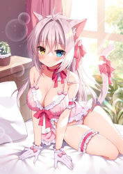 Rule 34 | 1girl, aina rive, animal ears, antenna hair, babydoll, bare shoulders, bed, blue eyes, blush, bow, breasts, cat ears, cat girl, cat tail, cleavage, closed mouth, commentary request, curtains, day, flower, frilled panties, frills, gloves, grey hair, hair between eyes, hair intakes, heterochromia, highres, indoors, lingerie, long hair, mauve, medium breasts, on bed, original, panties, pillow, pink panties, plant, potted plant, red bow, solo, tail, tail bow, tail ornament, twisted torso, underwear, very long hair, white flower, white gloves, window, yellow eyes