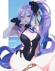 Rule 34 | 1girl, :d, arm support, bare shoulders, black one-piece swimsuit, black scrunchie, border, breasts, casual one-piece swimsuit, chromatic aberration, curly hair, earrings, fate/grand order, fate (series), hair between eyes, hair ornament, hair scrunchie, half-closed eyes, hand on own cheek, hand on own face, highleg, highleg swimsuit, jewelry, kanitama (putyourhead), knee up, long hair, looking at viewer, medium breasts, one-piece swimsuit, open mouth, outside border, pink eyes, purple hair, scrunchie, side-tie swimsuit, side ponytail, sidelocks, sitting, smile, solo, swimsuit, tassel, thighlet, very long hair, water, white border, wrist scrunchie, wu zetian (fate), wu zetian (swimsuit caster) (fate), wu zetian (swimsuit caster) (first ascension) (fate)