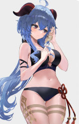 Rule 34 | 1girl, :|, absurdres, ahoge, arm strap, bare arms, beads, bikini, black bikini, blue hair, blush, breasts, closed mouth, commentary, cowboy shot, flower knot, ganyu (genshin impact), genshin impact, gluteal fold, goat horns, grey background, hair between eyes, hair ornament, hand up, highres, holding, horns, legs together, long hair, medium breasts, mole, mole on breast, navel, purple eyes, raiya atelier, seashell, shell, sidelocks, simple background, solo, standing, stomach, swimsuit, tassel, thighs