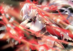 Rule 34 | 1girl, 428 (user uzpe7478), absurdres, dutch angle, fate (series), fire, hair between eyes, hand over face, highres, japanese clothes, kimono, long hair, mitsudomoe (shape), obi, ponytail, red eyes, sash, silver hair, sleeveless, sleeveless kimono, solo, tomoe (symbol), tomoe gozen (fate), very long hair, white kimono