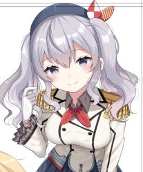 Rule 34 | 10s, 1girl, bad id, bad twitter id, beret, black hat, blush, breasts, closed mouth, epaulettes, female focus, frilled sleeves, frills, gloves, grabbing another&#039;s hair, grey eyes, hair between eyes, hand up, hat, head tilt, izumo neru, kantai collection, kashima (kancolle), large breasts, leaning, leaning forward, long hair, long sleeves, looking at viewer, military, military uniform, silver hair, smile, solo, solo focus, twintails, uniform, upper body, white gloves, white uniform