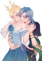 Rule 34 | 2girls, absurdres, antlers, bare shoulders, black shirt, black skirt, blonde hair, blue eyes, blue hair, blue shirt, blue skirt, blush, breasts, collarbone, covering own mouth, cowboy shot, dragon horns, dragon tail, ear piercing, earrings, hand up, highres, himemushi momoyo, horns, interlocked fingers, jewelry, kicchou yachie, kiss, kissing neck, long hair, looking at another, medium breasts, multiple girls, nose blush, off shoulder, piercing, pleated skirt, red eyes, ring, ringo orihara, shirt, short hair, simple background, skirt, sweat, tail, touhou, white background, yuri