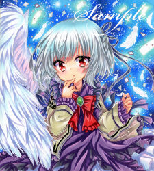 Rule 34 | 1girl, black ribbon, blue background, bow, bowtie, brooch, dress, embellished costume, feathered wings, feathers, frills, grey hair, hair ribbon, hand to own mouth, jacket, jewelry, kishin sagume, long sleeves, looking at viewer, marker (medium), medium hair, open clothes, open jacket, purple dress, red bow, red bowtie, red eyes, ribbon, rui (sugar3), sample watermark, single wing, solo, touhou, traditional media, upper body, watermark, white wings, wings