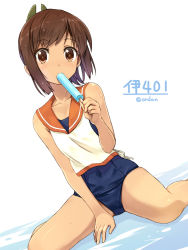 Rule 34 | 10s, 1girl, amagai tarou, artist name, blouse, blush, brown eyes, brown hair, character name, dutch angle, food, head tilt, i-401 (kancolle), kantai collection, looking at viewer, mouth hold, one-piece swimsuit, outdoors, ponytail, popsicle, sailor collar, school swimsuit, shirt, short hair, short ponytail, sitting, sleeveless, sleeveless shirt, solo, sweat, swimsuit, swimsuit under clothes, tan, wariza, wet, wet hair, white background, white shirt
