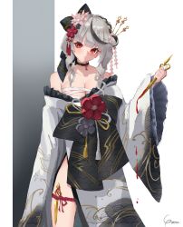 Rule 34 | 1girl, absurdres, black choker, black hair, blood, bloody weapon, braid, breasts, chest sarashi, choker, cleavage, commentary request, dagger, dripping, flower, hair bun, hair flower, hair ornament, hair ribbon, hair stick, hand up, highres, holding, holding dagger, holding knife, holding weapon, hololive, japanese clothes, kimono, knife, large breasts, long sleeves, off shoulder, ribbon, sakamata chloe, sakamata chloe (new year), sarashi, signature, silver hair, single hair bun, solo, standing, striped, virtual youtuber, weapon, white kimono, wide sleeves, yo na
