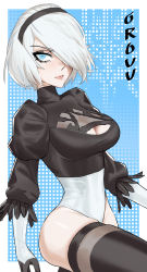 Rule 34 | 1girl, black dress, black gloves, blue background, boots, breasts, cleavage, cleavage cutout, clothing cutout, dress, gloves, hairband, highres, lips, mole, mole under mouth, nier (series), nier automata, orouu, skirt, thigh boots, thighhighs, thighs, white hair, yorha no. 2 type b