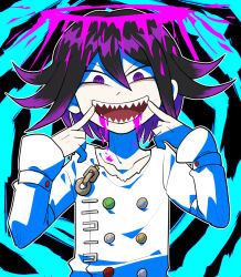Rule 34 | black background, black hair, blood, blood from mouth, blue background, collarbone, commentary request, danganronpa (series), danganronpa v3: killing harmony, furukawa (yomawari), hair between eyes, halo, hands up, jacket, long sleeves, looking at viewer, male focus, open mouth, oma kokichi, pink blood, pointing, pointing at self, purple eyes, purple hair, sharp teeth, short hair, smile, solo, straitjacket, teeth, upper body, white jacket