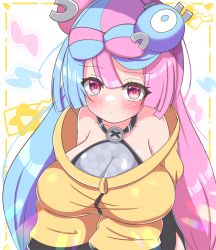 Rule 34 | 1girl, alternate breast size, asage (asgsn), blush, bow-shaped hair, breasts, character hair ornament, closed mouth, creatures (company), game freak, gen 1 pokemon, hair ornament, hexagon print, highres, iono (pokemon), jacket, large breasts, looking at viewer, magnemite, multicolored hair, nintendo, oversized clothes, pink hair, pokemon, pokemon sv, sleeves past fingers, sleeves past wrists, solo, split-color hair, two-tone hair, very long sleeves, x, yellow jacket