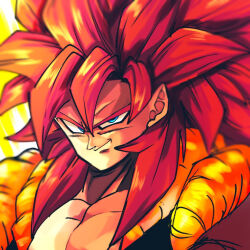 1boy 9302w_(user_wjpg8475) black_eyeliner black_vest blue_eyes closed_mouth commentary_request curtained_hair dragon_ball dragon_ball_gt eyeliner gogeta long_hair looking_at_viewer looking_to_the_side makeup male_focus metamoran_vest multicolored_hair nose orange_vest pectorals pointy_ears portrait red_hair smirk solo spiked_hair super_saiyan super_saiyan_4 two-tone_hair two-tone_vest vest white_background yellow_background