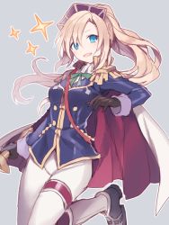 Rule 34 | 10s, 1girl, blonde hair, blue eyes, breasts, cape, epaulettes, gloves, grey background, hijiri (resetter), long hair, merc storia, military, military uniform, pants, ponytail, simple background, smile, solo, sparkle, thigh strap, uniform