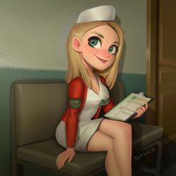Rule 34 | 1girl, armband, artist name, bench, blonde hair, blush, breasts, cleavage, clipboard, commentary, crossed legs, door, dress, english commentary, green eyes, hair behind ear, hat, highres, holding, holding clipboard, jacket, large breasts, lisa garland, nurse, nurse cap, red jacket, short dress, signature, silent hill (series), silent hill 1, smile, solo, tomaco sunderland, white dress