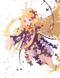 Rule 34 | 1girl, abigail williams (fate), bad id, bad pixiv id, black bow, black dress, black panties, blonde hair, blue eyes, bow, bug, butterfly, commentary request, dissolving clothes, dress, fate/grand order, fate (series), forehead, hair bow, highres, insect, key, long hair, long sleeves, miyuki (miyuki0529), navel, no headwear, orange bow, outstretched arms, panties, parted bangs, parted lips, polka dot, polka dot bow, sleeves past wrists, solo, underwear, very long hair, white background