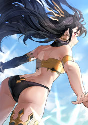 Rule 34 | 1girl, armlet, ass, asymmetrical legwear, asymmetrical sleeves, back, bikini, black bikini, black hair, black ribbon, black thighhighs, blue sky, day, detached collar, detached sleeves, earrings, fate/grand order, fate (series), from below, hair ribbon, hokuotzu, hoop earrings, ishtar (fate), jewelry, long hair, ribbon, single detached sleeve, single thighhigh, sky, solo, swimsuit, thighhighs, tiara, two side up, uneven legwear, uneven sleeves