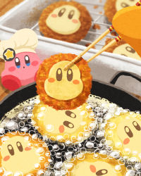 Rule 34 | blush, bubble, chef hat, chef kawasaki, chopsticks, cooking, food, frying pan, hat, highres, hot, kirby, kirby (series), looking at another, miclot, nintendo, oil, open mouth, sitting, star (symbol), table, waddle dee, wooden table