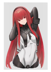 Rule 34 | 1girl, absurdres, arms behind head, arms up, barcode print, bodysuit, border, breast curtains, breasts, brown hairband, commentary request, cropped torso, grey background, hairband, highres, liangfen, long hair, medium breasts, parted lips, punishing: gray raven, red eyes, red hair, sidelocks, simple background, skin tight, smile, solo, straight hair, vera: rozen (punishing: gray raven), vera (punishing: gray raven), very long hair, white border