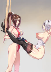 Rule 34 | 2b (nier:automata), 2girls, black legwear, blindfold, boots, breasts, brown eyes, brown hair, cleavage, crossover, fatal fury, hairband, high heel boots, high heels, large breasts, leotard, leotard pull, mole, mole under mouth, multiple girls, nier:automata, nier (series), nipples, open mouth, ponytail, shinkaui, shiranui mai, snk, suspension, the king of fighters, thigh boots, thighhighs, thighhighs under boots, white hair