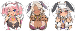 Rule 34 | 10s, 3girls, :&lt;, animal ears, antenna hair, bad id, bad pixiv id, bare shoulders, blue eyes, blush, breast mousepad, breasts, breasts squeezed together, cleavage, cleavage cutout, clothing cutout, dark-skinned female, dark skin, demon girl, demon horns, detached collar, earrings, face, fang, fingers together, fur collar, gloves, half-closed eyes, heart, heart earrings, horns, huge breasts, index fingers together, jewelry, kamyuria, large breasts, light brown hair, lilim (shingeki no bahamut), lilim rimiru, long hair, mel/a, mousepad, mousepad (medium), multiple girls, one eye closed, open mouth, pendant, pink hair, pointy ears, purple eyes, rabbit ears, red eyes, shingeki no bahamut, shiny skin, short twintails, silver hair, sketch, twintails, white gloves, wink, wrist cuffs