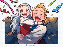 Rule 34 | 1boy, 1girl, artist name, blonde hair, blush, boku no hero academia, child, commentary, crying, eri (boku no hero academia), highres, horns, long hair, mommorua, open mouth, overalls, red eyes, red overalls, shirt, short hair, silhouette, single horn, streamers, symbol-only commentary, teeth, togata mirio, upper teeth only, white hair, white shirt