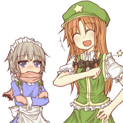 Rule 34 | 2girls, :d, ^ ^, apron, blue dress, blue eyes, blush, bow, braid, chinese clothes, closed eyes, crossed arms, dress, closed eyes, female focus, gloves, hair ribbon, hat, hong meiling, izayoi sakuya, long hair, maid, maid apron, maid headdress, mittens, multiple girls, natsuk, open mouth, red gloves, red hair, ribbon, scarf, scarf over mouth, shirt, short hair, silver hair, skirt, skirt set, smile, star (symbol), embodiment of scarlet devil, touhou, twin braids, vest, waist apron