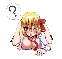 Rule 34 | 1girl, ?, aged up, all fours, bad id, bad pixiv id, blonde hair, bottomless, breasts, cleavage, covered erect nipples, doyouwantto, drooling, female focus, large breasts, looking at viewer, lying, naked shirt, off shoulder, on stomach, one eye closed, open mouth, purple eyes, rumia, saliva, shirt, short hair, simple background, solo, tears, thighs, touhou, white background