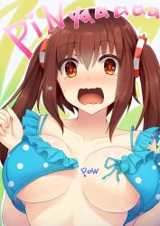 Rule 34 | 10s, 1girl, bikini, bikini top only, blush, breasts, brown eyes, brown hair, bursting breasts, ebina nana, front-tie top, gradient background, highres, himouto! umaru-chan, long hair, looking at viewer, open mouth, solo, sorano (12gou), swimsuit, tears, twintails, wardrobe malfunction, wavy mouth