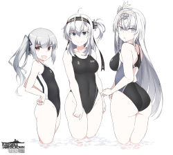 Rule 34 | 3girls, anchor symbol, ass, bare arms, bare legs, bare shoulders, black headband, black one-piece swimsuit, blue eyes, breasts, brown eyes, closed mouth, clothes writing, commentary request, competition swimsuit, cowboy shot, fuyutsuki (kancolle), grey eyes, grey hair, groin, hachimaki, hair between eyes, headband, kantai collection, kasumi (kancolle), long hair, medium breasts, multiple girls, one-piece swimsuit, one side up, open mouth, revision, shigino sohuzi, side ponytail, simple background, smile, suzutsuki (kancolle), swimsuit, white background, white hair, white headband