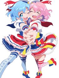 Rule 34 | 1boy, 1girl, :d, ;d, bad id, bad twitter id, blue eyes, blue hair, blue thighhighs, bow, braid, brother and sister, crossdressing, dorothy west, hat, high heels, highres, holding hands, idol clothes, interlocked fingers, looking at viewer, mini hat, one eye closed, open mouth, outstretched arm, pink hair, pink thighhighs, pleated skirt, pretty series, pripara, puffy short sleeves, puffy sleeves, red bow, reona west, short hair, short sleeves, siblings, side braid, simple background, skirt, smile, standing, standing on one leg, star (symbol), thighhighs, trap, twins, white background, white hat, zashima