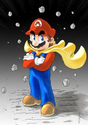 Rule 34 | 1boy, blue eyes, brown hair, cape, cape mario, crossed arms, facial hair, full body, gloves, hat, highres, looking at viewer, mario, mario (series), mustache, nintendo, overalls, super mario world, yellow cape