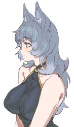 Rule 34 | 1girl, animal ear fluff, animal ears, bare shoulders, blue eyes, bow (bhp), breasts, closed mouth, collarbone, covered erect nipples, erune, ferry (granblue fantasy), granblue fantasy, large breasts, simple background, sleeveless, solo, white background