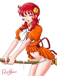 Rule 34 | 1futa, between thighs, broom, censored, closed eyes, clothes lift, cum, dress, dress lift, ejaculation, futanari, grinding, hair ornament, handsfree ejaculation, long hair, navel, open mouth, panties, penis, red hair, robby, rubbing, simple background, solo, straddling, thighs, underwear