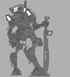 Rule 34 | cable, from behind, greyscale, holding, holding sword, holding weapon, mecha, monochrome, mymyc, no humans, robot, ronin (titanfall 2), science fiction, solo, standing, sword, titan (titanfall), titanfall (series), titanfall 2, weapon