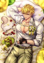 Rule 34 | 1boy, animal, arm behind head, bara, bed, belt, blonde hair, bow, cherry, chest strap, fingerless gloves, food, fruit, fruits, gift, gloves, hand on own stomach, happy, letter, looking at animal, lying, male focus, messy hair, nu carnival, on back, orange eyes, pectoral cleavage, pectorals, petals, pillow, quincy (nu carnival), scrap, seed, short hair, smile, topper (nu carnival), yadome810
