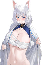 Rule 34 | 1girl, animal ear fluff, animal ears, azur lane, bandages, blue eyes, blush, breasts, chest sarashi, cleavage, collarbone, commentary, fox ears, groin, highres, kaga (azur lane), large breasts, looking at viewer, navel, open clothes, raitho, sarashi, short hair, simple background, solo, stomach, upper body, white background, white hair