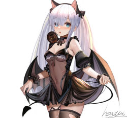 Rule 34 | 1girl, animal ears, artist name, azur lane, black choker, black dress, black tail, black thighhighs, black wings, blue eyes, blush, bow, breasts, cat ears, choker, clothes lift, covered navel, dress, dress lift, fake animal ears, feet out of frame, hair bow, halloween costume, heatia, highres, janus (azur lane), janus (fright-night scaredy-cat) (azur lane), long hair, looking at viewer, medium breasts, official alternate costume, open mouth, solo, standing, thighhighs, torn clothes, torn thighhighs, twintails, white background, white hair, wings