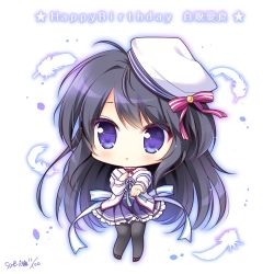 Rule 34 | 1girl, :o, bad id, bad pixiv id, beret, black footwear, black hair, black pantyhose, blue skirt, blush, bow, character name, chibi, commentary request, dated, frilled skirt, frills, full body, happy birthday, hat, hat bow, highres, jacket, long hair, long sleeves, looking at viewer, lump of sugar, pantyhose, parted lips, pink shirt, pleated skirt, purple eyes, red bow, ryuuka sane, sekai to sekai no mannaka de, shiratori aira, shirt, shoes, signature, skirt, solo, striped, striped bow, tilted headwear, very long hair, white hat, white jacket