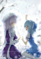 Rule 34 | 2girls, :d, bad id, bad pixiv id, blue eyes, blue hair, bow, cirno, clenched hand, dress, closed eyes, hair bow, hat, letty whiterock, light purple hair, multiple girls, open mouth, pantyhose, profile, scarf, short hair, sitting, smile, snowing, touhou, walzrj, white legwear, white scarf