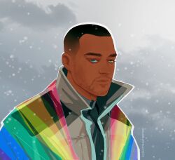 Rule 34 | 1boy, absurdres, babu (babushkahihi), blue eyes, buzz cut, dark-skinned male, dark skin, detroit: become human, expressionless, facial hair, flag around neck, half-closed eyes, highres, lgbt pride, looking at viewer, male focus, markus (detroit), mature male, mustache stubble, portrait, rainbow flag, short hair, snowing, solo, sparse stubble, stubble, thick eyebrows, very short hair