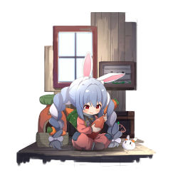 Rule 34 | 1girl, :d, absurdres, ame., animal ear fluff, animal ears, blue hair, blush, bottle, bow, braid, brown footwear, carrot hair ornament, commentary request, food-themed hair ornament, hair between eyes, hair bow, hair ornament, highres, holding, holding bottle, hololive, multicolored hair, pekomon (usada pekora), on floor, open mouth, overalls, rabbit ears, red eyes, rust (game), shoes, short eyebrows, simple background, sitting, smile, thick eyebrows, twin braids, twintails, two-tone hair, usada pekora, virtual youtuber, white background, white bow, white hair, window