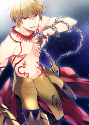 Rule 34 | 1boy, blonde hair, chain, enkidu (weapon) (fate), fate/hollow ataraxia, fate (series), gilgamesh (fate), jewelry, kuroemon, male focus, necklace, red eyes, topless male, solo, tattoo