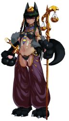 Rule 34 | 1girl, animal ear fluff, animal ears, animal hands, anubis (monster girl encyclopedia), anubis (mythology), balance scale, blush, claws, clothing cutout, crotch cutout, dark skin, dog ears, dog paws, dog tail, egyptian, egyptian mythology, gold, green hair, harem outfit, harem pants, highres, jackal claws, jackal ears, jackal paws, jackal tail, jewelry, kenkou cross, long hair, monster girl, monster girl encyclopedia, navel, necklace, official art, pants, red eyes, revealing clothes, sheath, sheathed, slit pupils, staff, sword, tail, weapon, weighing scale, wolf ears, wolf paws, wolf tail