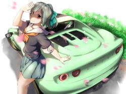 Rule 34 | 10s, 1girl, aqua hair, black serafuku, blunt bangs, blush, bow, bush, car, cherry blossoms, closed mouth, collar, covering own eyes, eyebrows, flower, glass, green bow, green skirt, hair bow, highres, kantai collection, leaning back, lips, long hair, looking at viewer, lotus, lotus cars, lotus elise, motion blur, motor vehicle, neckerchief, orange (sal1014), outdoors, petals, plant, pleated skirt, ponytail, red eyes, school uniform, serafuku, shadow, simple background, skirt, smile, solo, standing, sunlight, transparent, vehicle, vehicle focus, white background, window, yuubari (kancolle)
