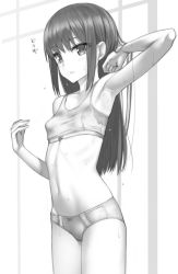 Rule 34 | 1girl, arm up, armpits, asashio (kancolle), bra, breasts, commentary request, cowboy shot, greyscale, kantai collection, kanzaki muyu, long hair, monochrome, navel, panties, parted lips, sidelocks, small breasts, solo, sweat, training bra, underwear, underwear only